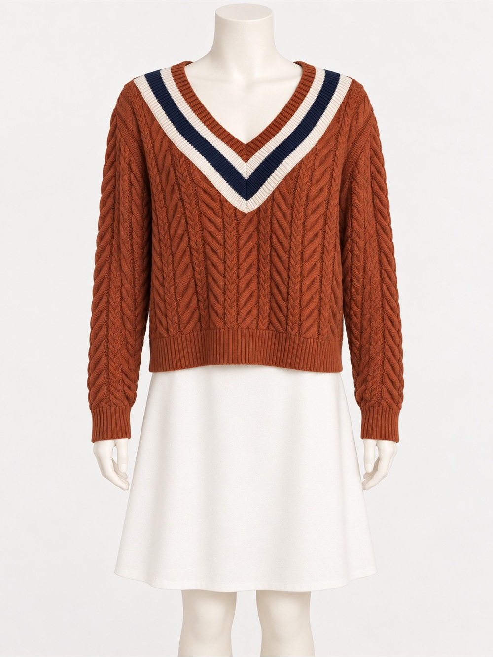 Spartina 449 Rust Cable-Knit V-Neck Sweater with Navy and Cream Stripe